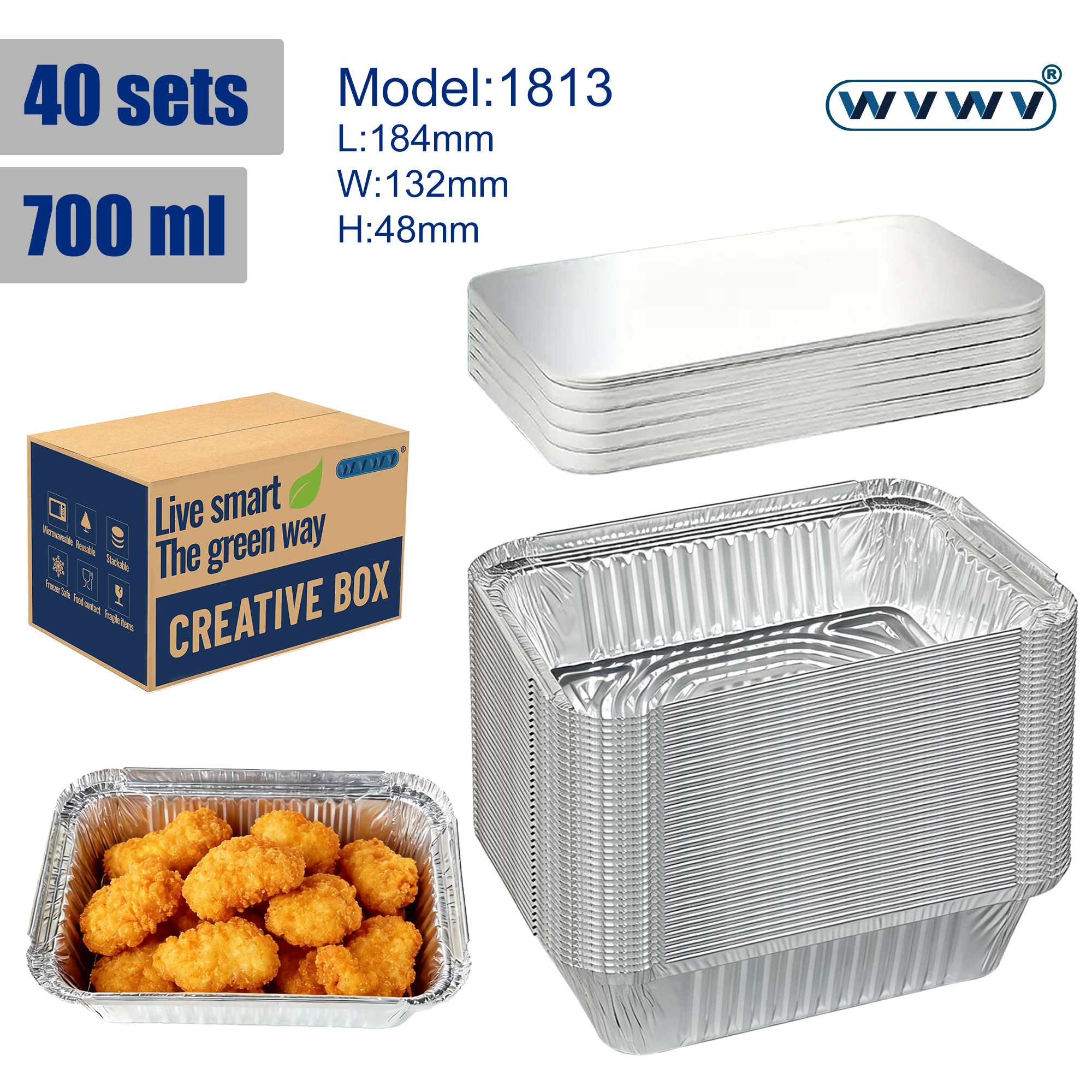 Meal Preparation - 40 Containers + 40 Lids, Silver