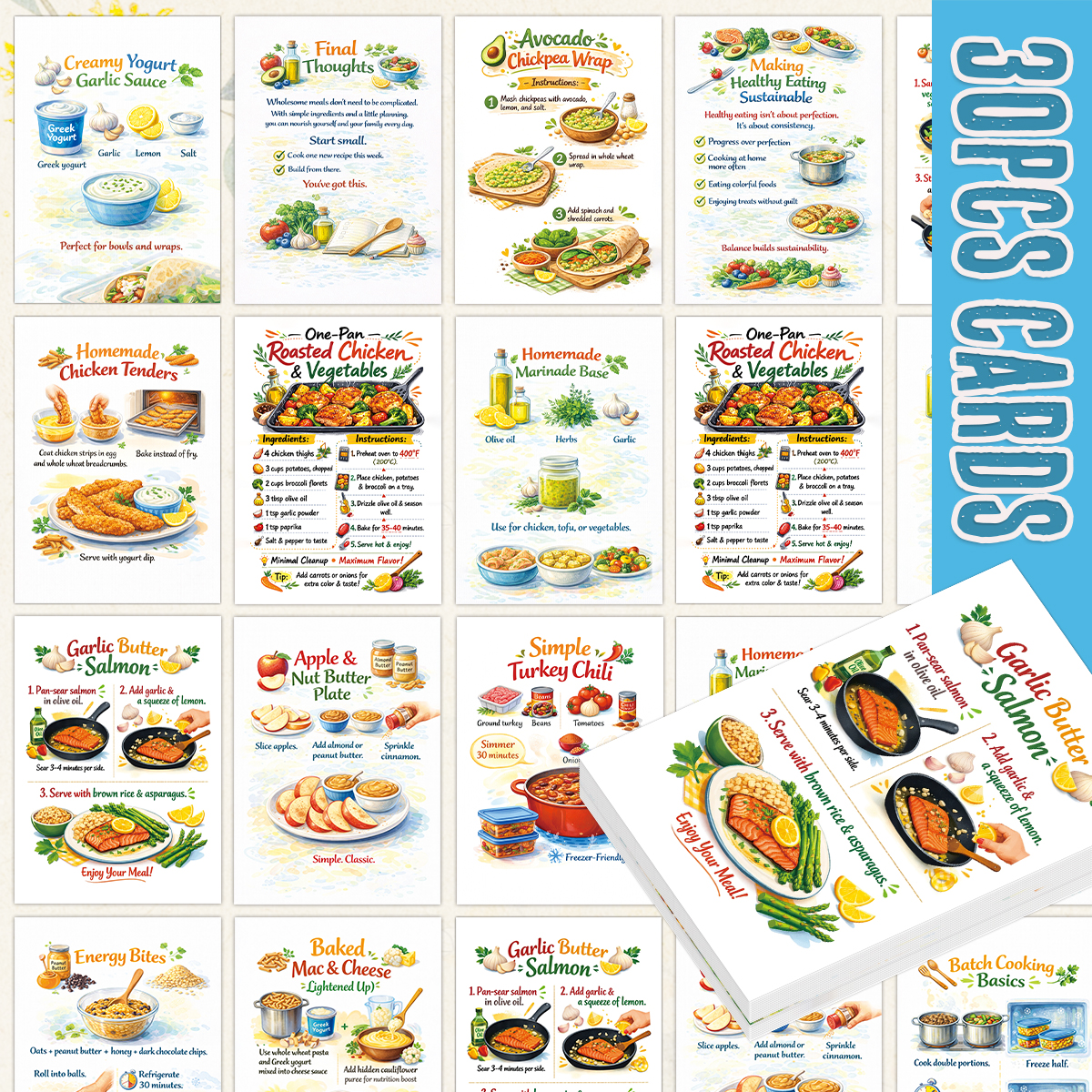 Meal Prep Healthy - 30pcs Wholesome Meals Recipe Cards,Simple Healthy